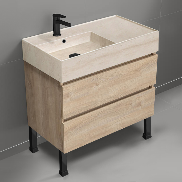 Nameeks BLOCK51 Modern Bathroom Vanity With Beige Travertine Design Sink, Floor Standing, 32 Inch, Brown Oak